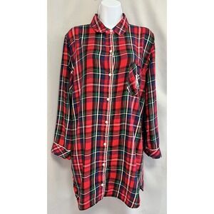VICTORIA'S SECRET RED FLANNEL PJ NIGHT SHIRT BUTTON-DOWN POCKET Medium‎